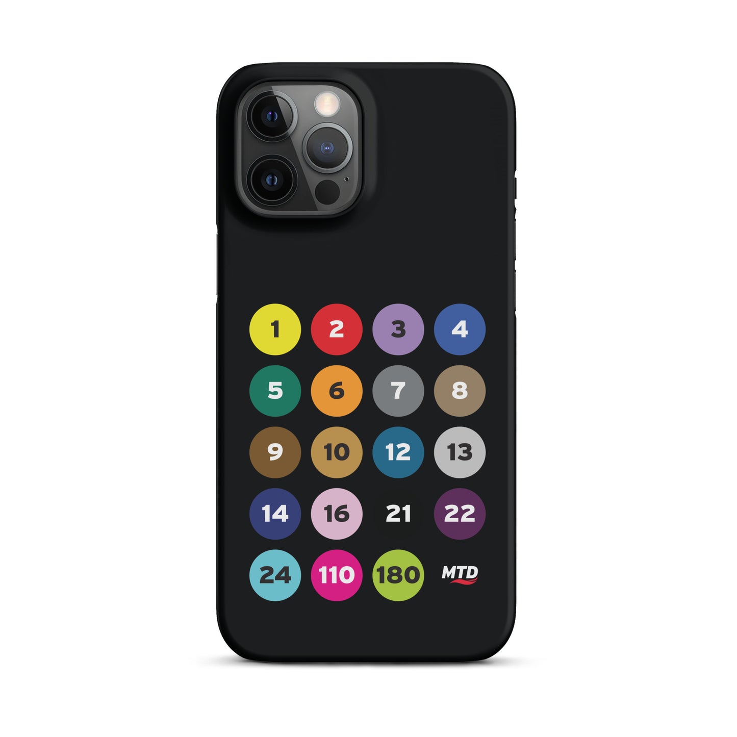 Black phone case with colorful circles and numbers representing MTD routes.