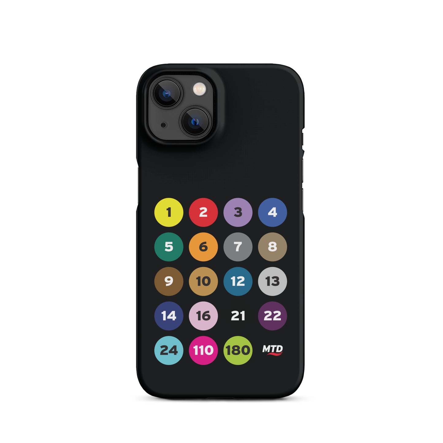 Black phone case with colorful circles and numbers representing MTD routes.