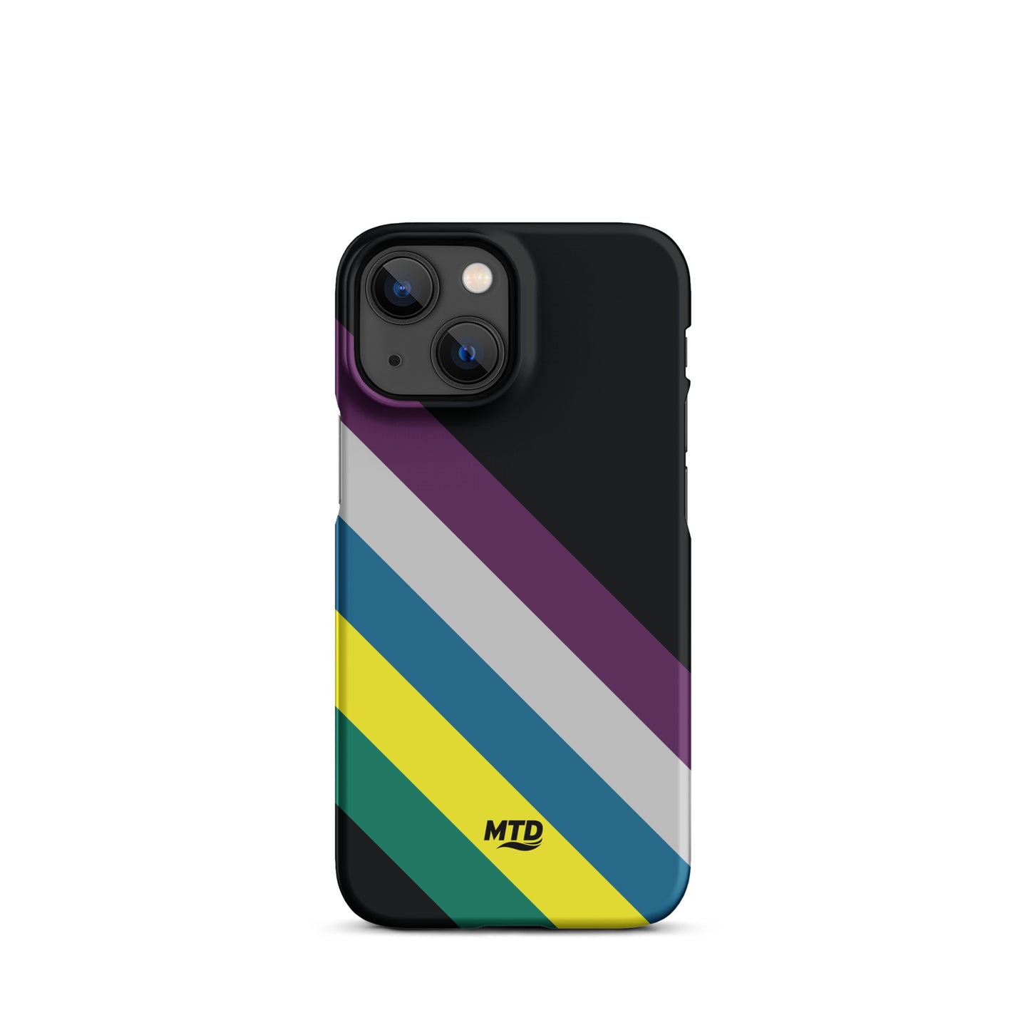Black phone case with five colored lines running diagonally in the center.