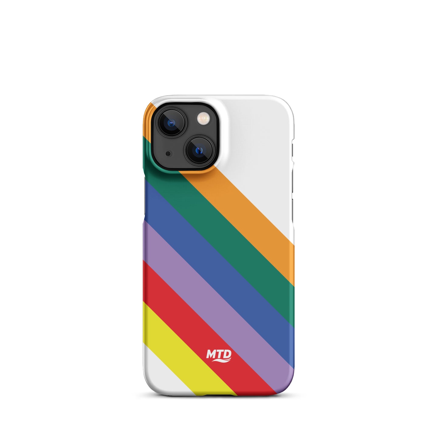 White phone case with six colored lines running diagonally in the center.