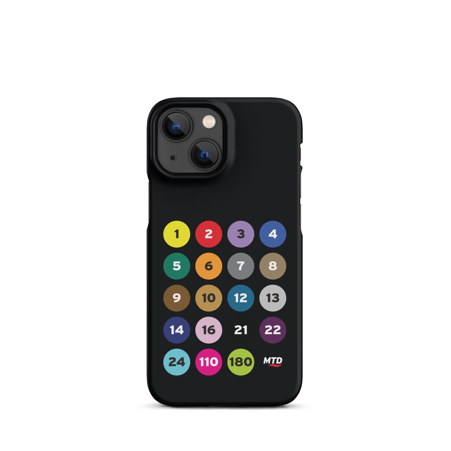 Black phone case with colorful circles and numbers representing MTD routes.