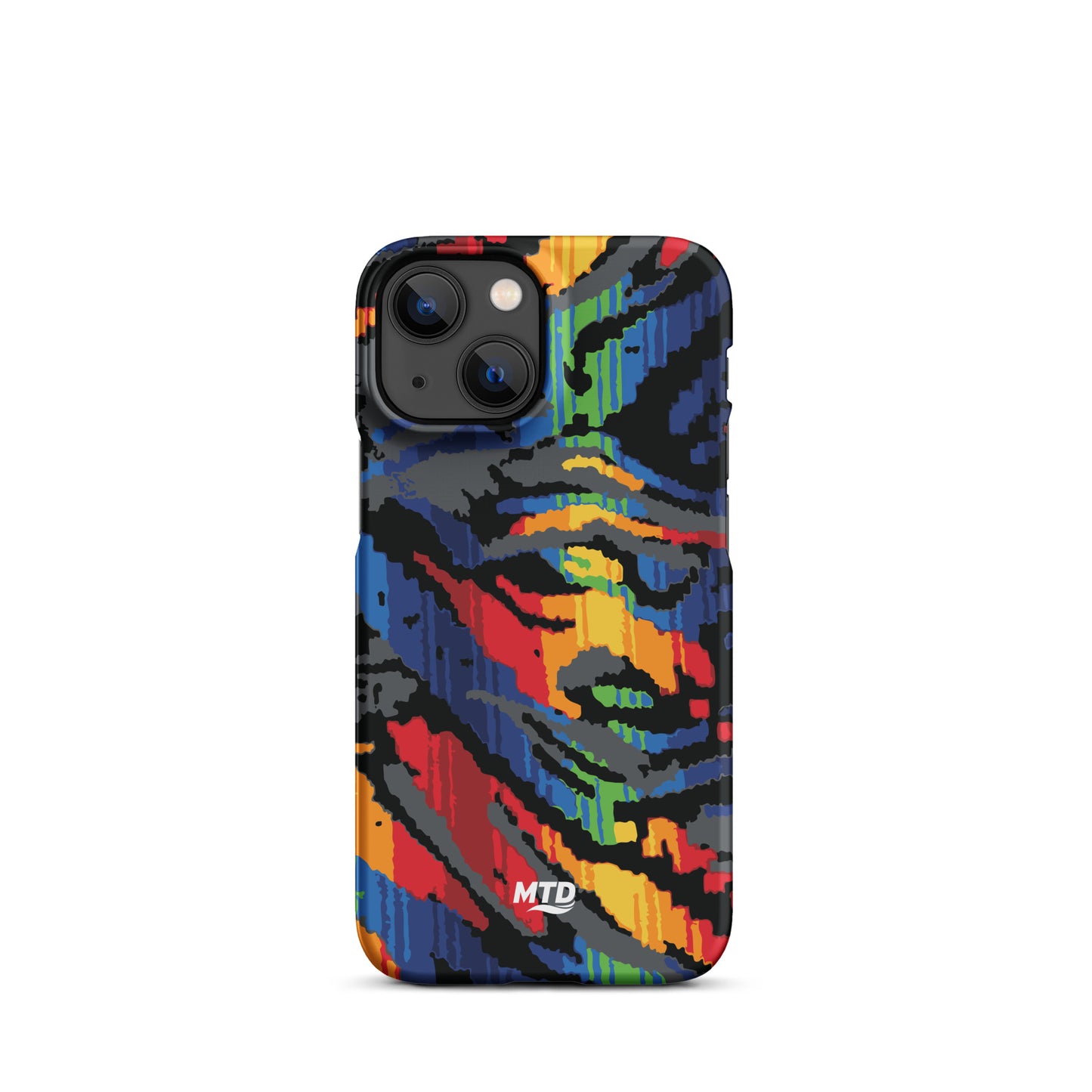 Phone case with colorful MTD bus seat pattern.