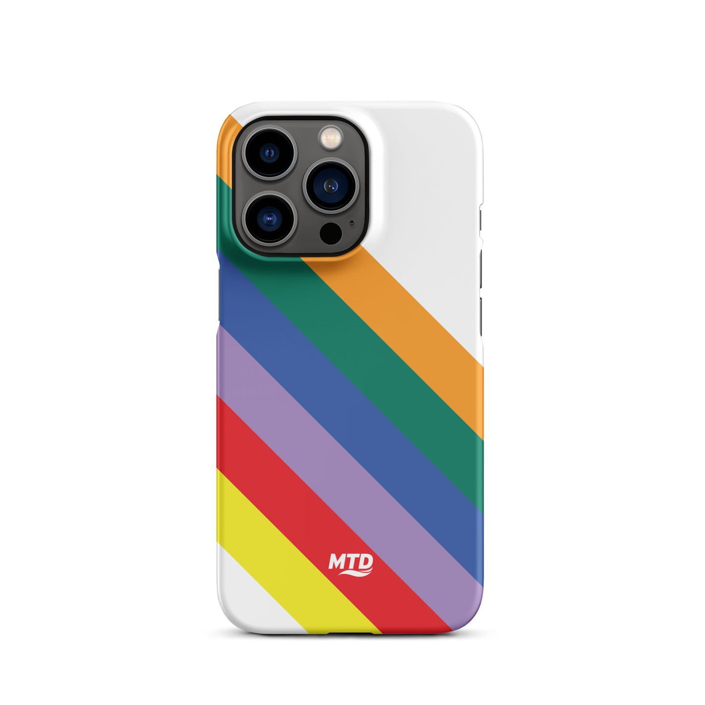 White phone case with six colored lines running diagonally in the center.