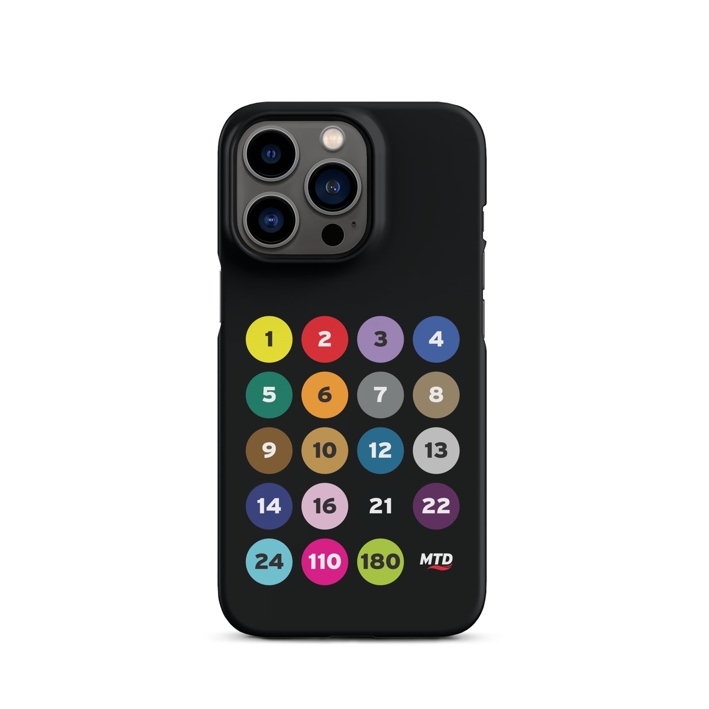 Black phone case with colorful circles and numbers representing MTD routes.