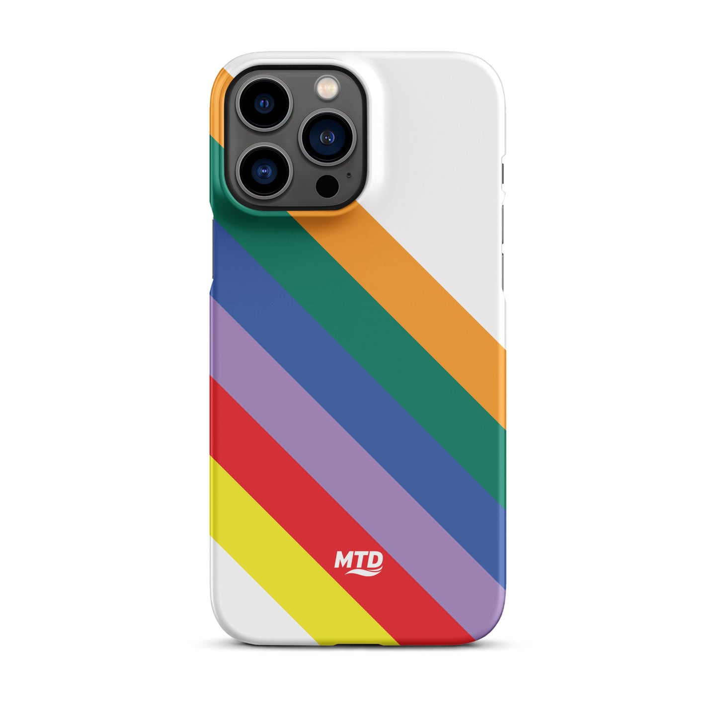 White phone case with six colored lines running diagonally in the center.