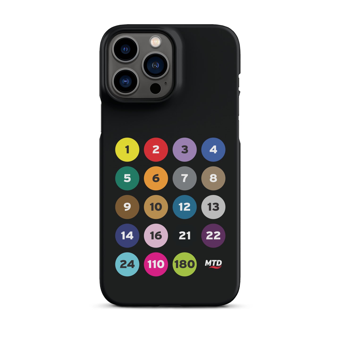 Black phone case with colorful circles and numbers representing MTD routes.