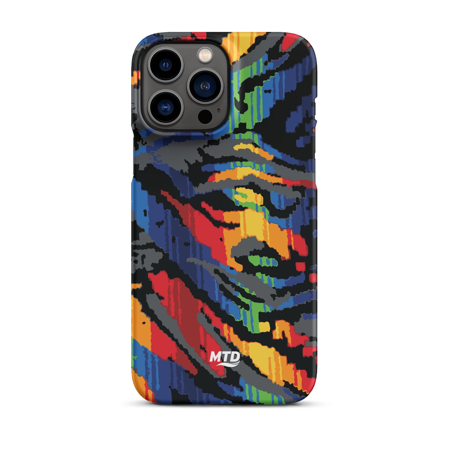 Phone case with colorful MTD bus seat pattern.