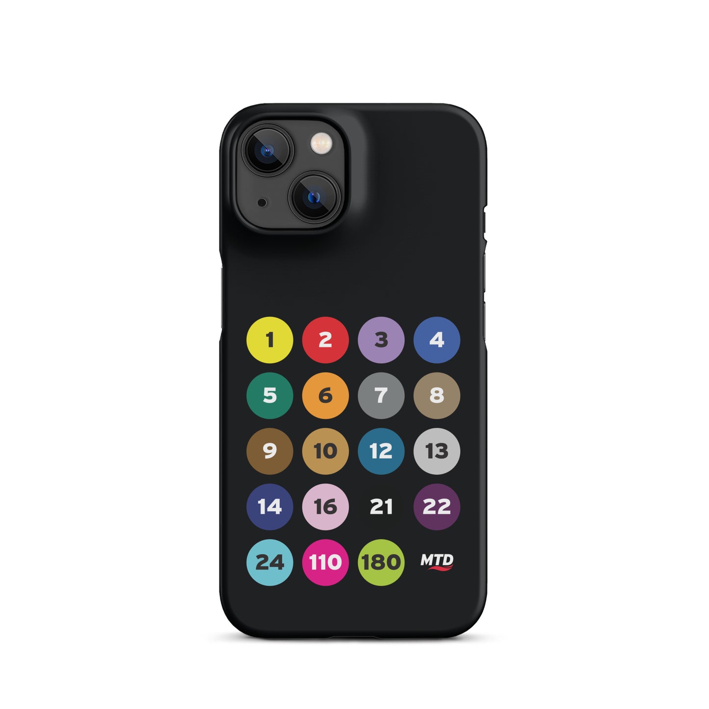 Black phone case with colorful circles and numbers representing MTD routes.