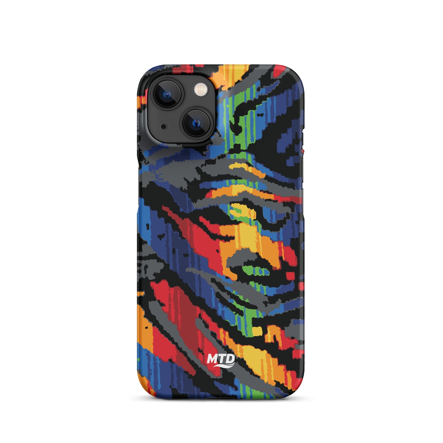 Phone case with colorful MTD bus seat pattern.