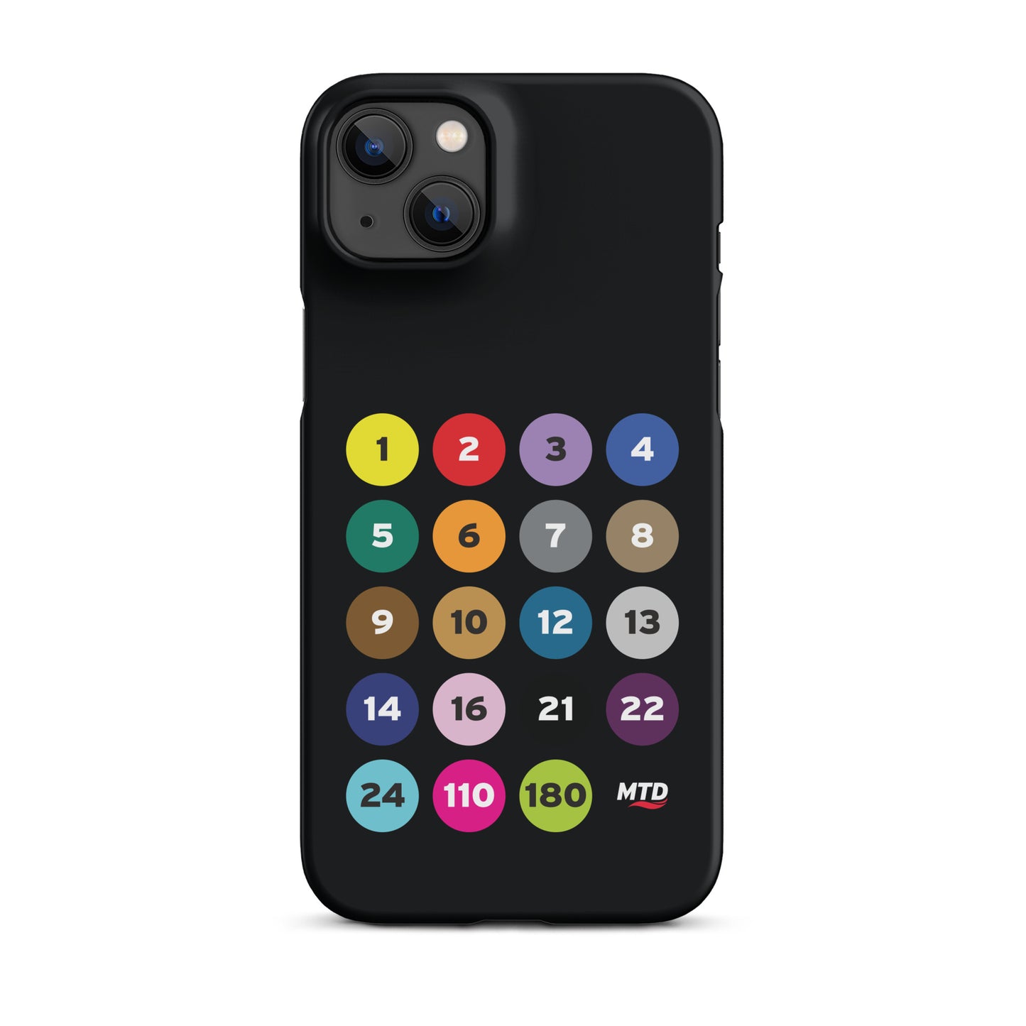 Black phone case with colorful circles and numbers representing MTD routes.