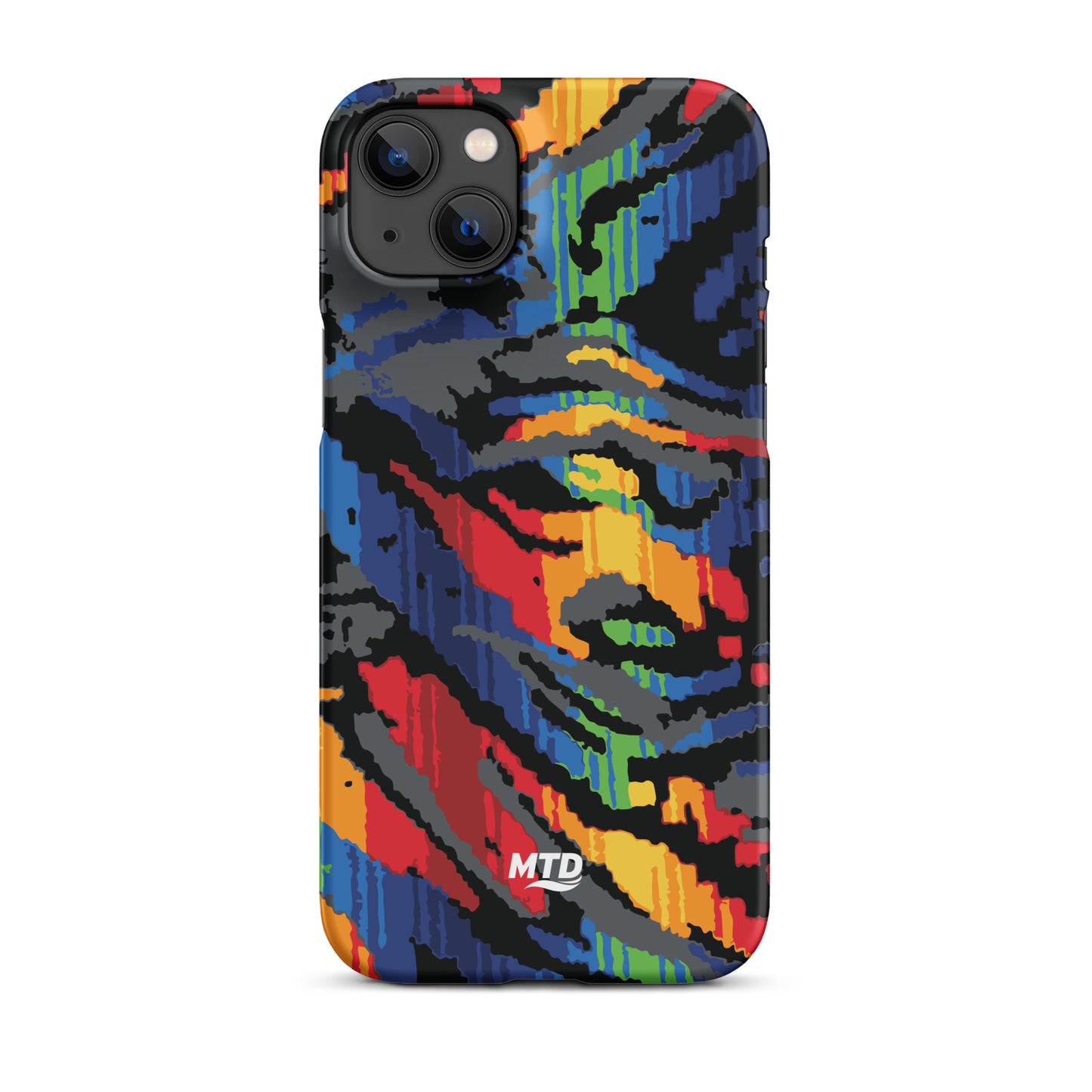 Phone case with colorful MTD bus seat pattern.