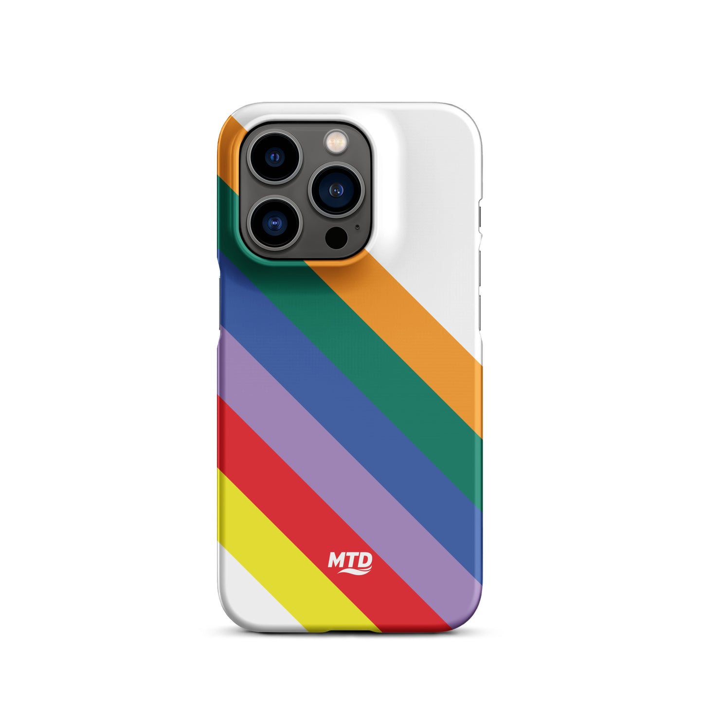 White phone case with six colored lines running diagonally in the center.
