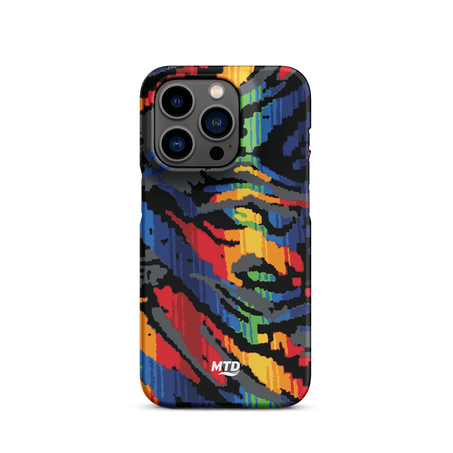 Phone case with colorful MTD bus seat pattern.