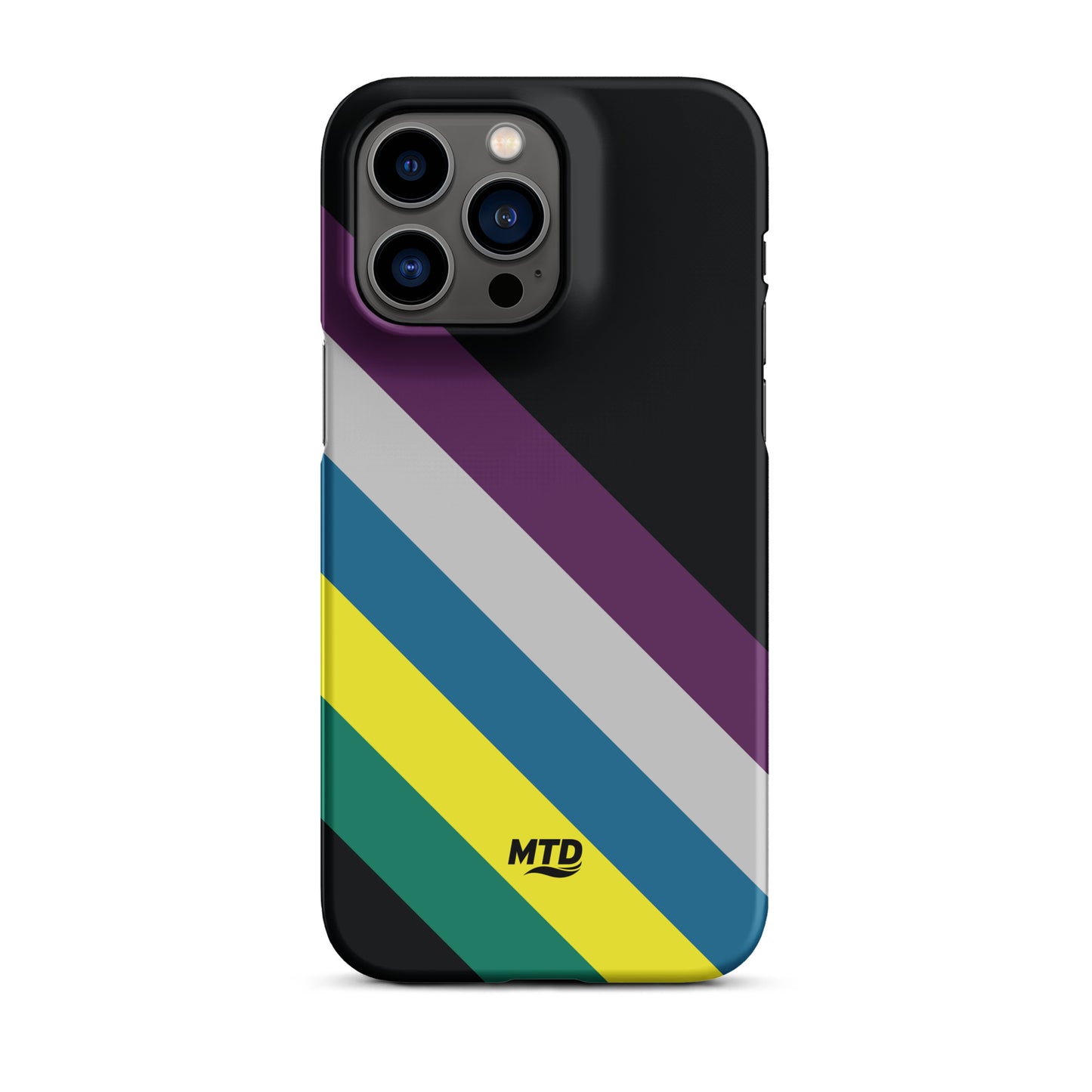 Black phone case with five colored lines running diagonally in the center.