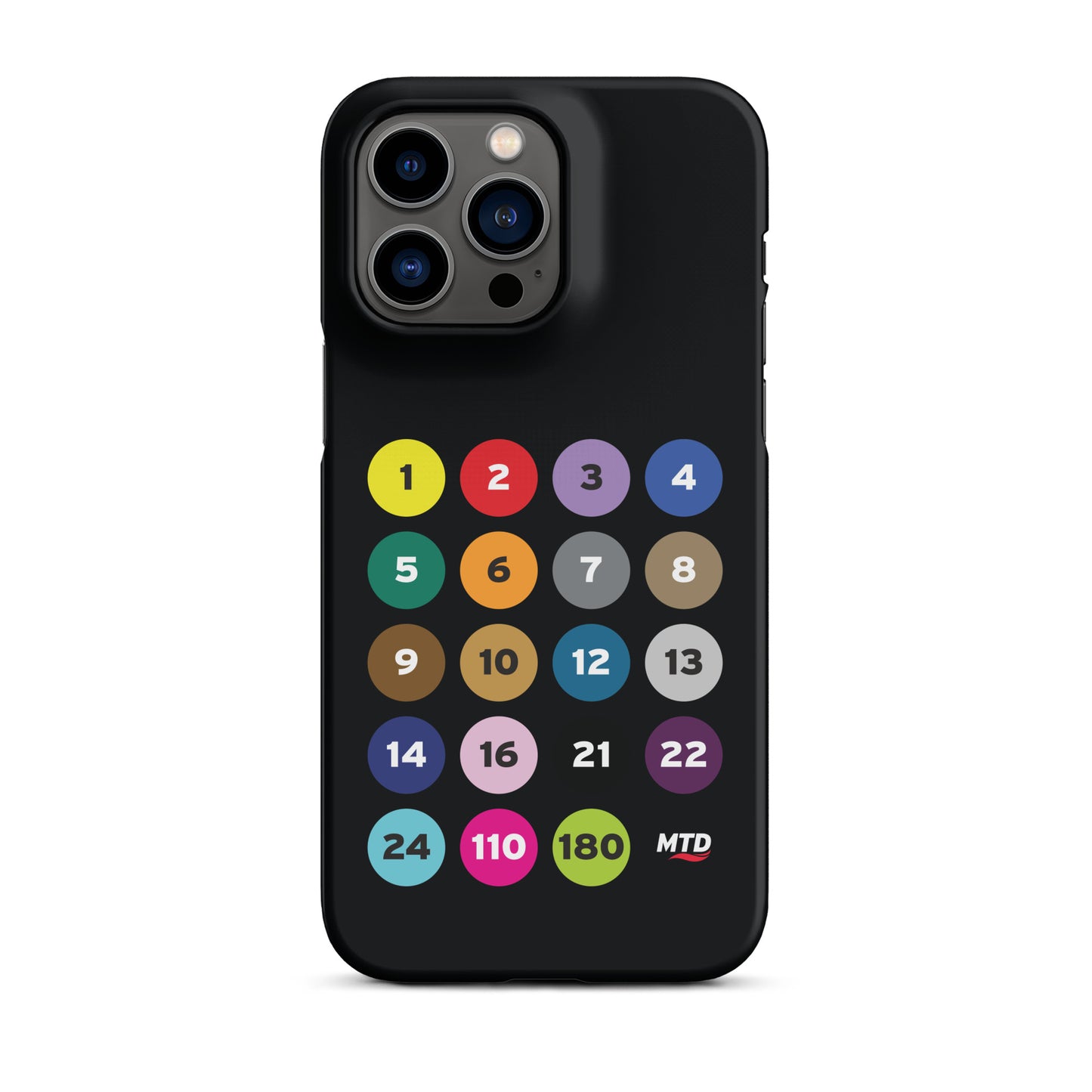 Black phone case with colorful circles and numbers representing MTD routes.