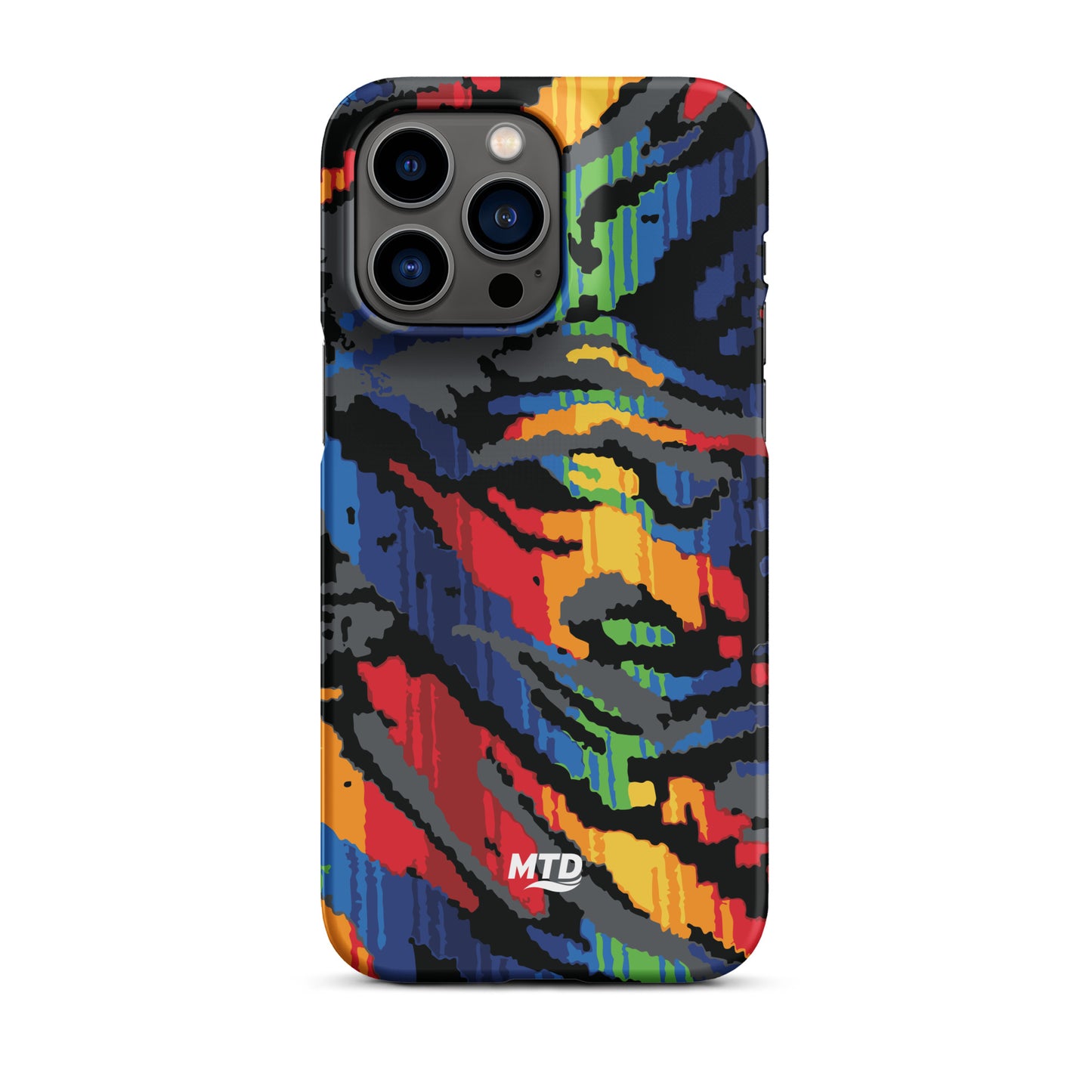 Phone case with colorful MTD bus seat pattern.
