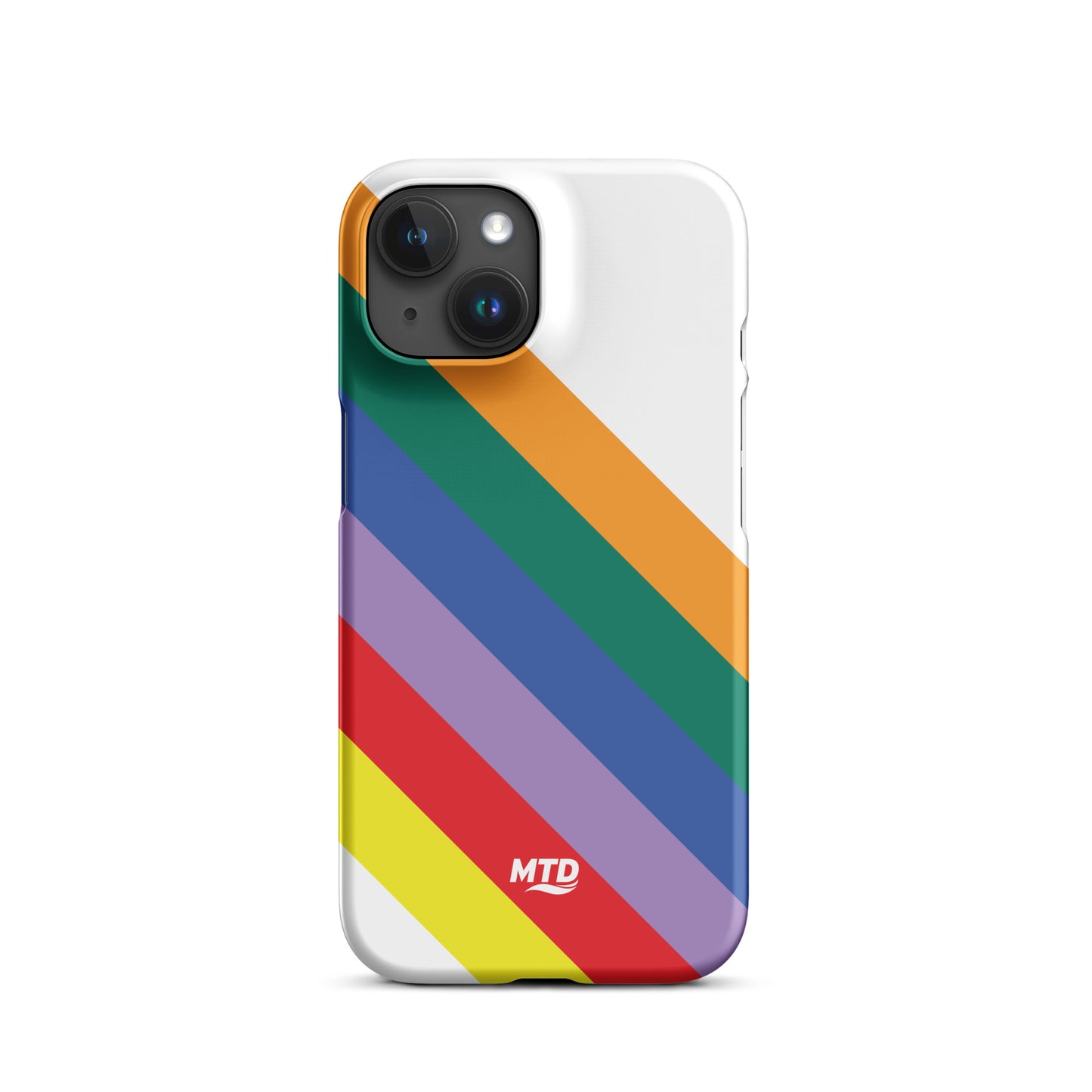 White phone case with six colored lines running diagonally in the center.