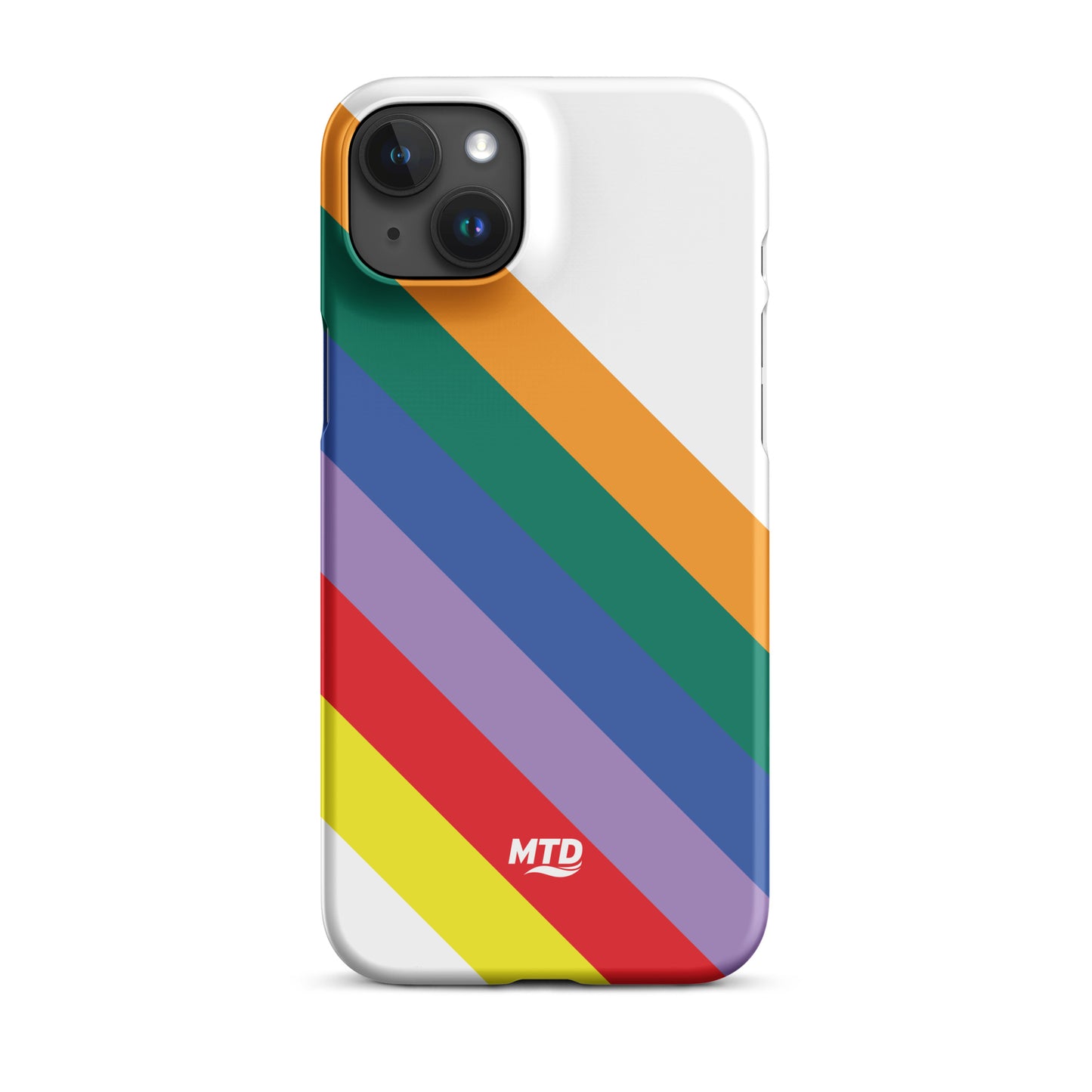 White phone case with six colored lines running diagonally in the center.