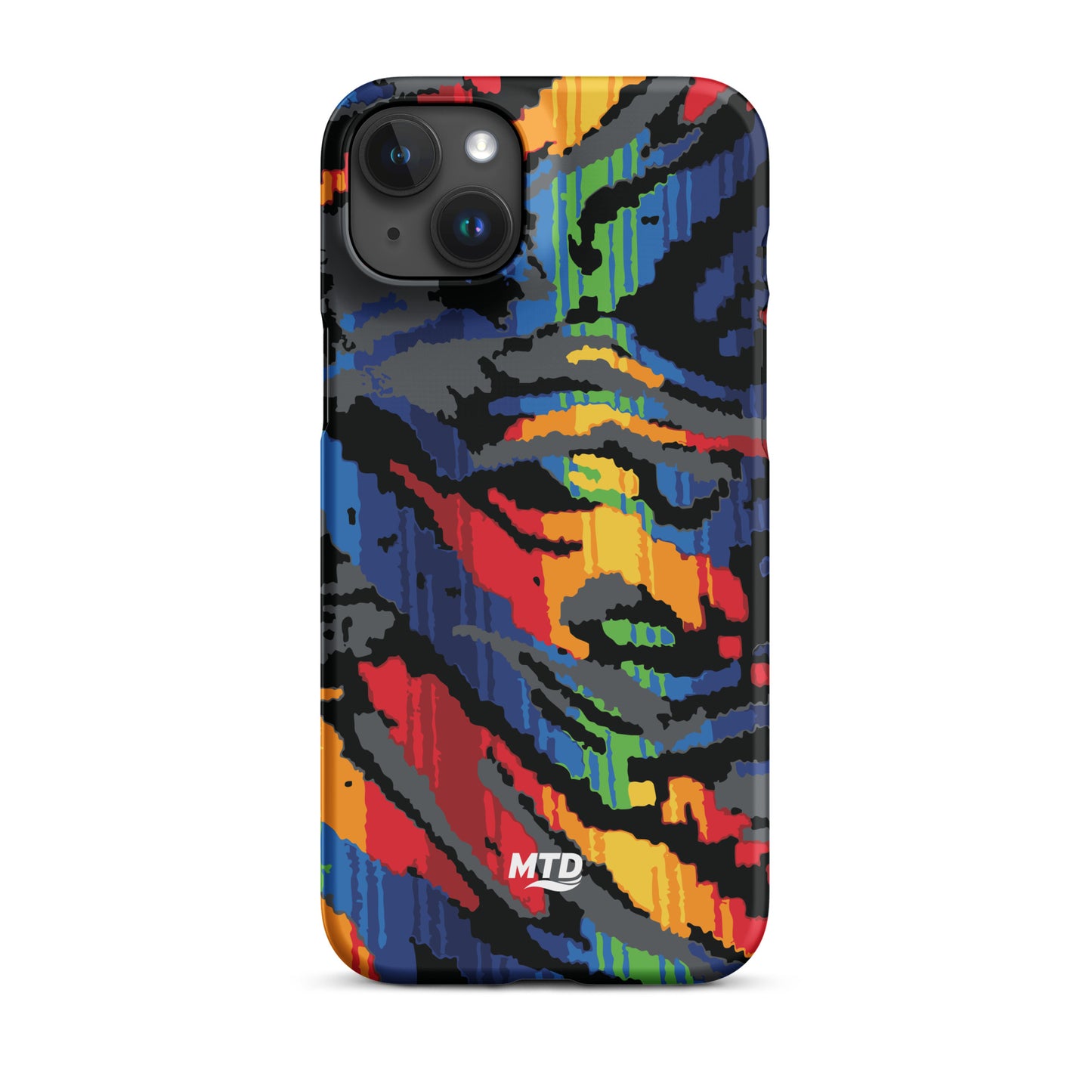 Phone case with colorful MTD bus seat pattern.