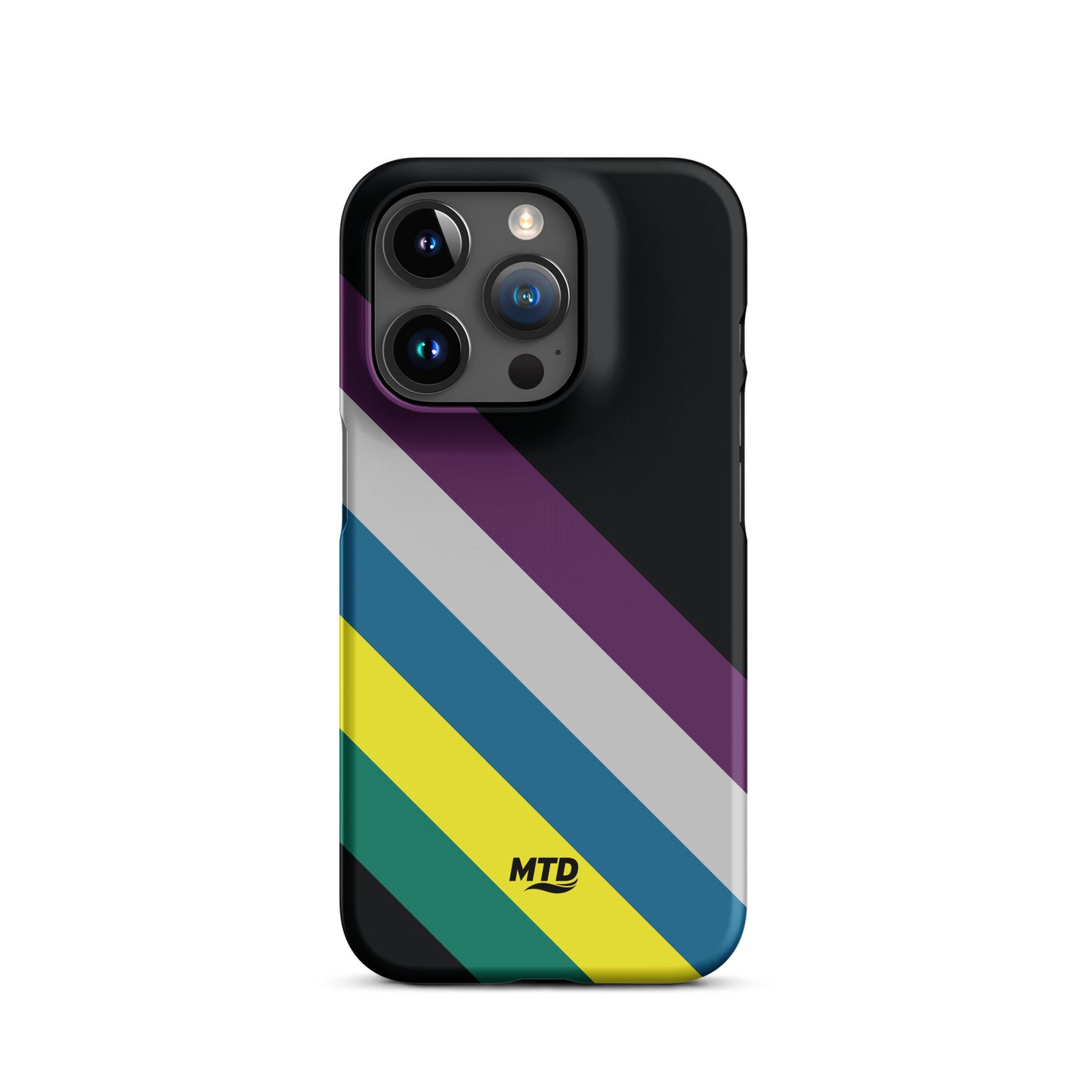 Black phone case with five colored lines running diagonally in the center.