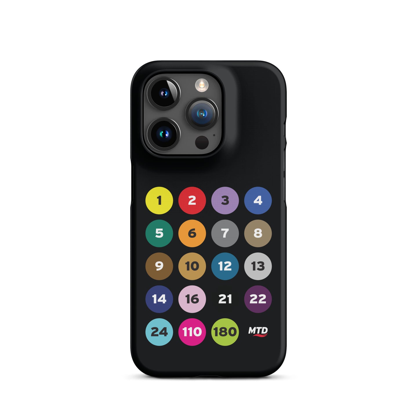 Black phone case with colorful circles and numbers representing MTD routes.