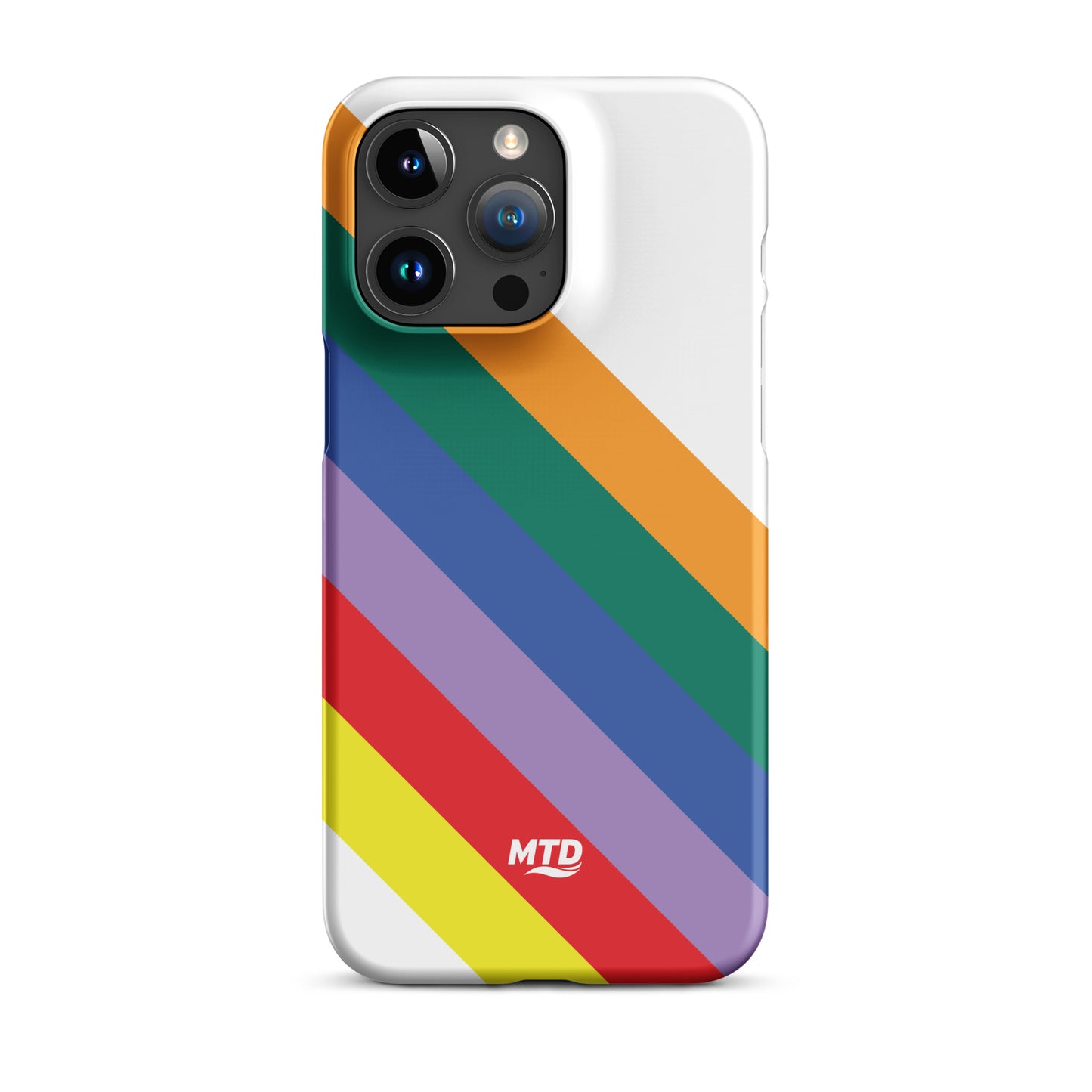 White phone case with six colored lines running diagonally in the center.