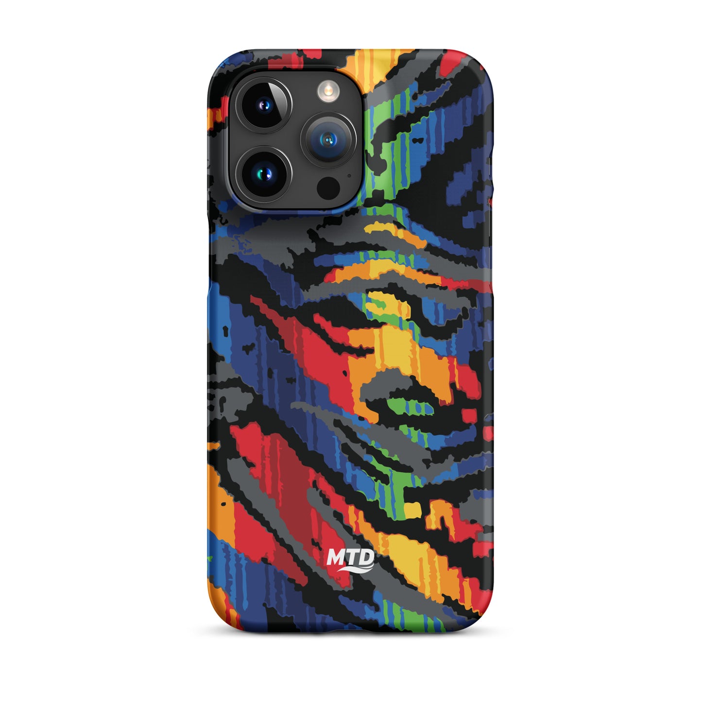 Phone case with colorful MTD bus seat pattern.