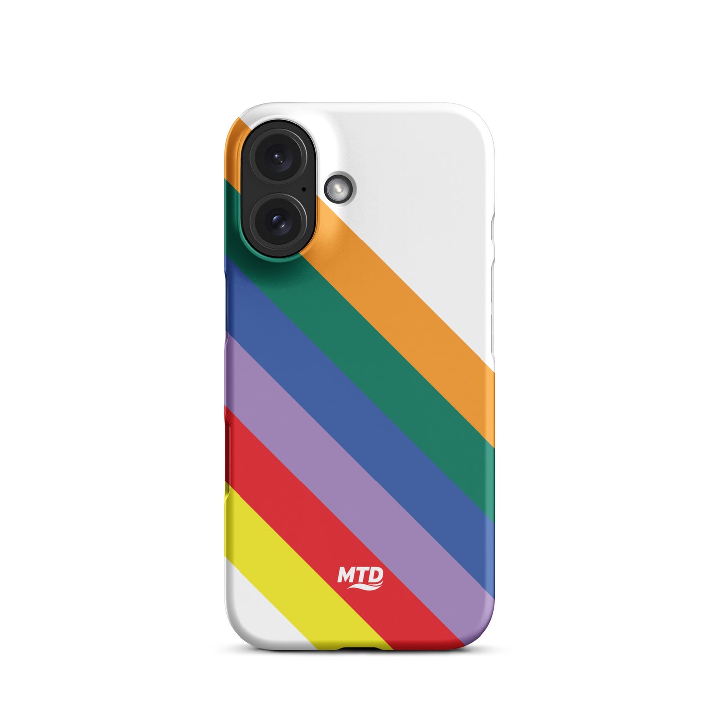 White phone case with six colored lines running diagonally in the center.