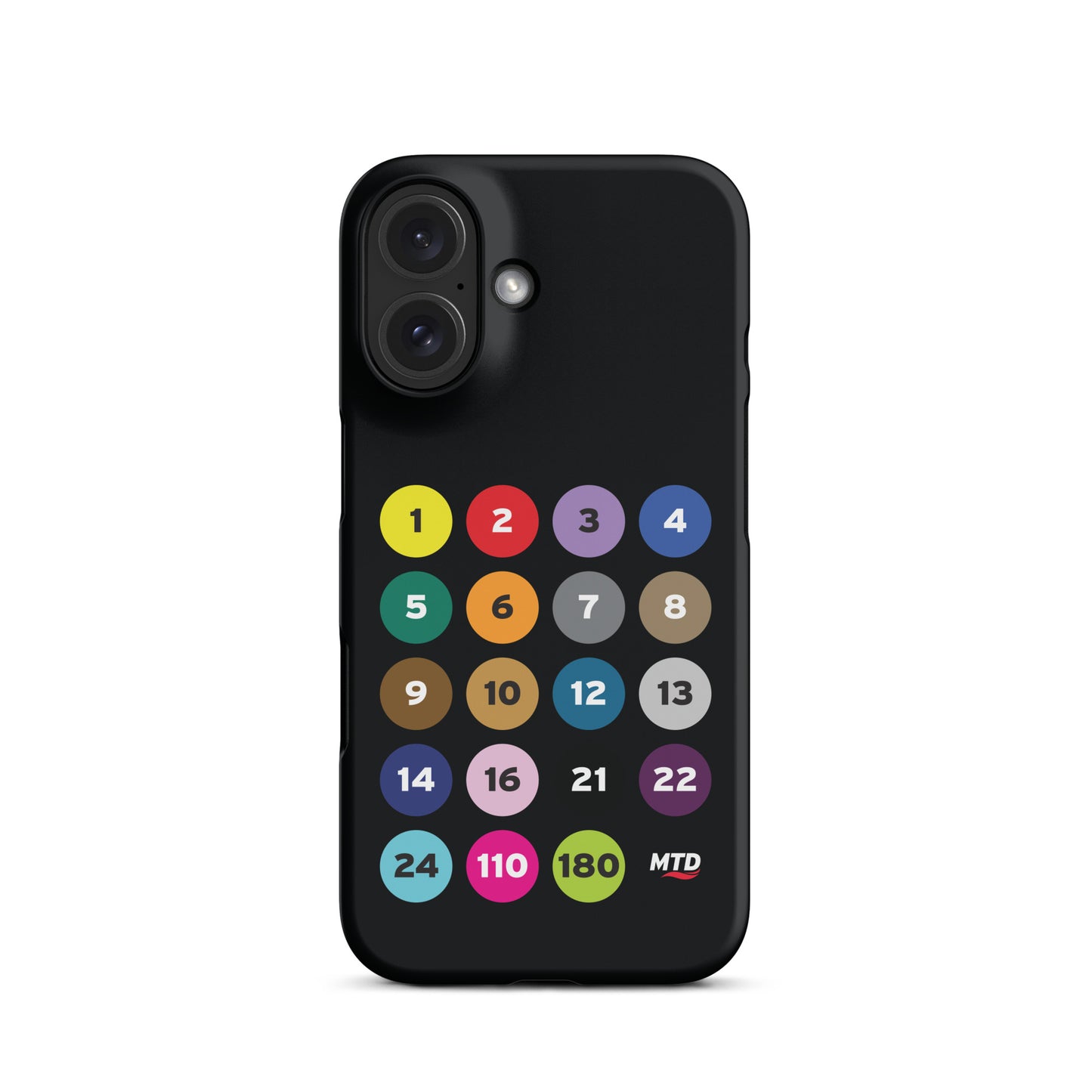 Black phone case with colorful circles and numbers representing MTD routes.
