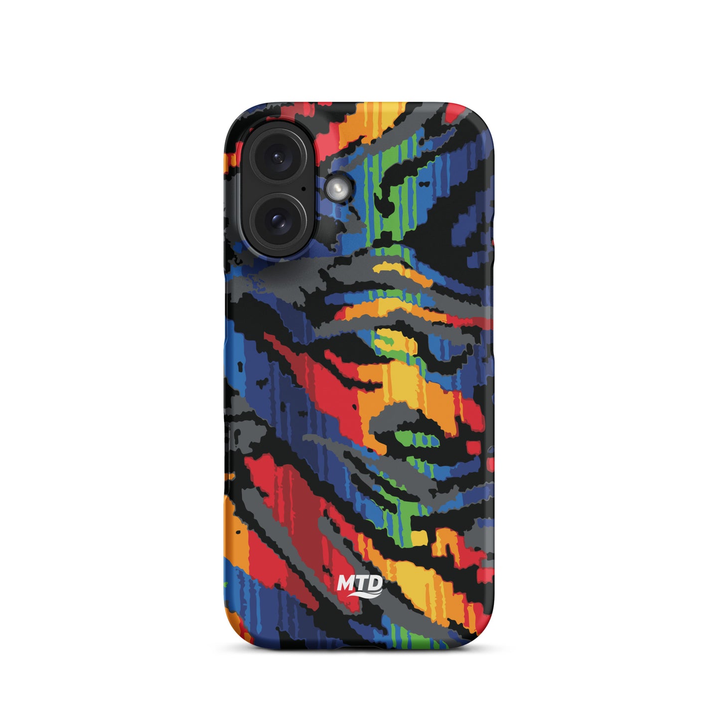 Phone case with colorful MTD bus seat pattern.