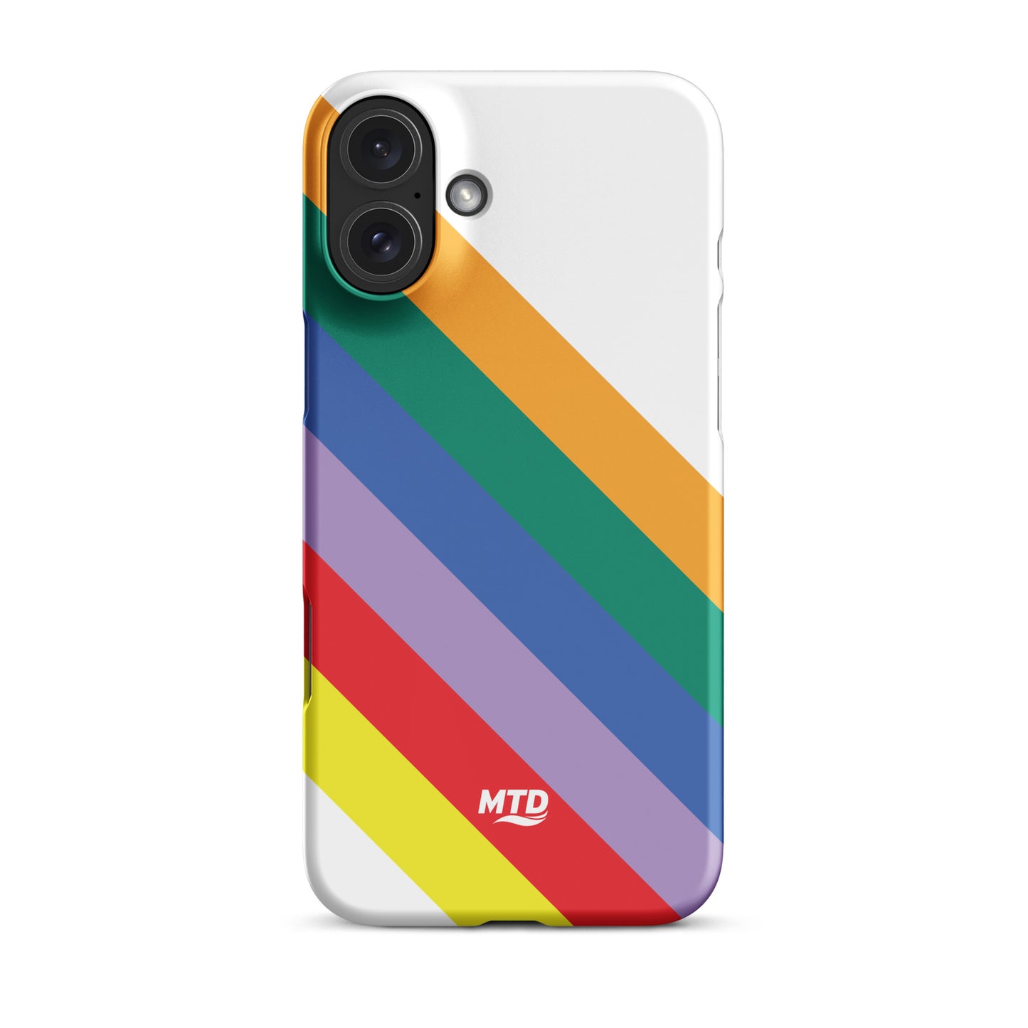 White phone case with six colored lines running diagonally in the center.