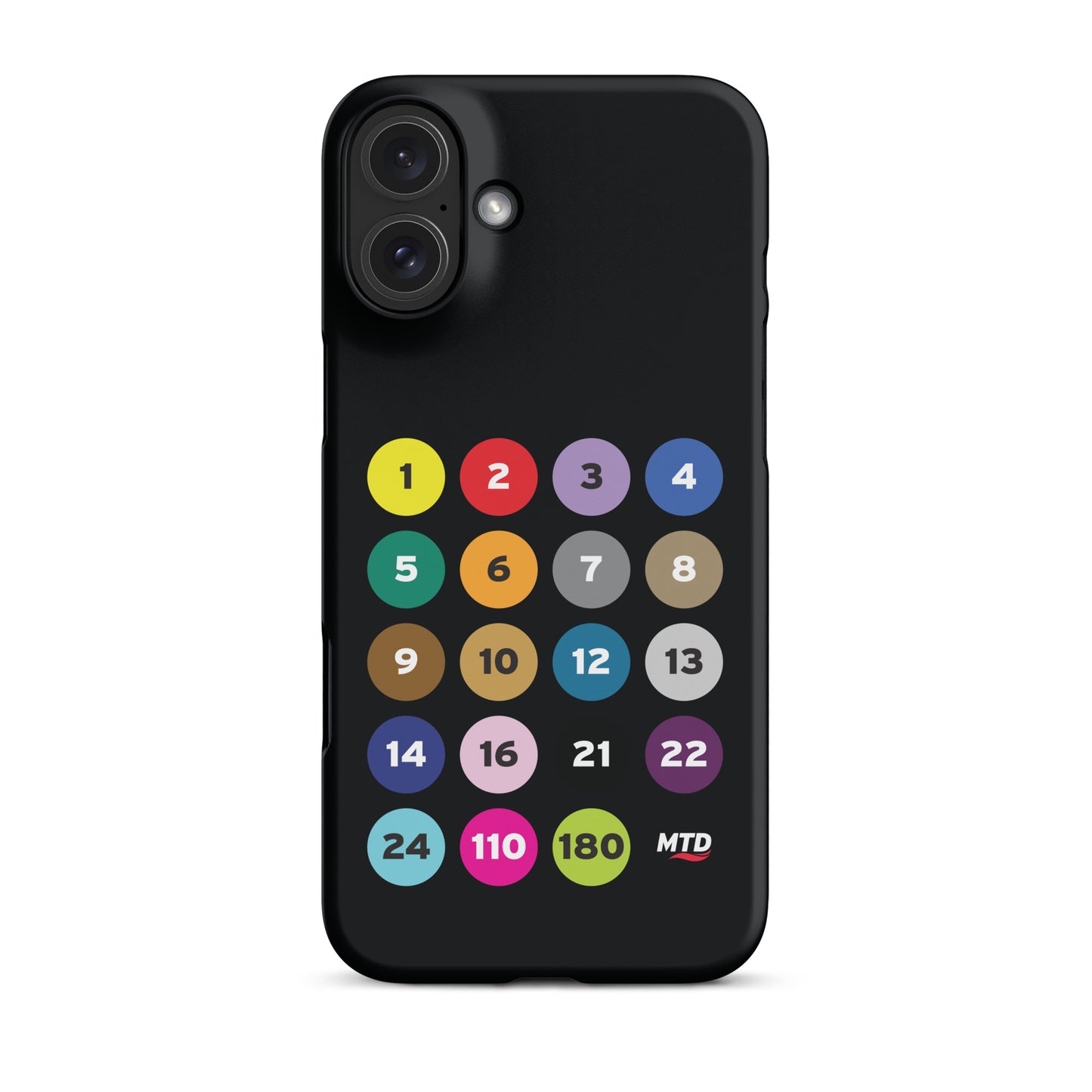 Black phone case with colorful circles and numbers representing MTD routes.