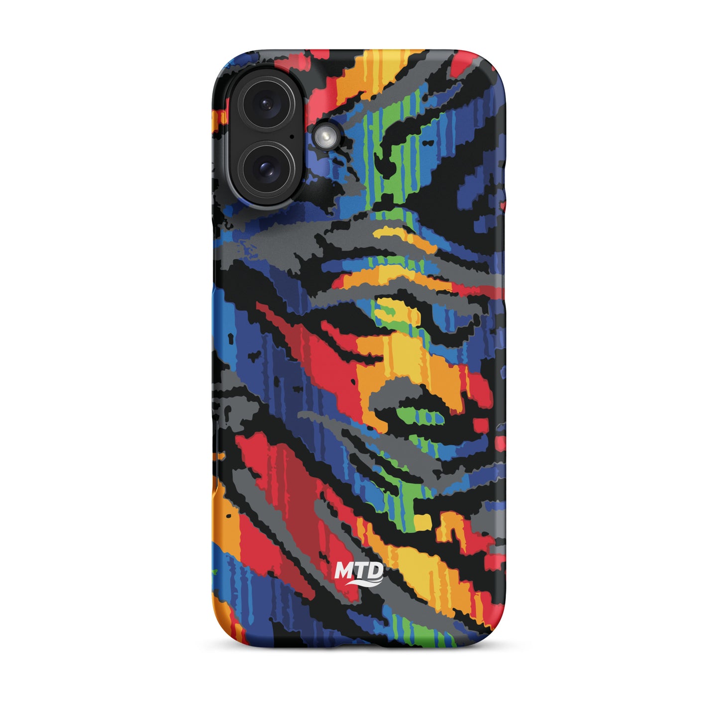 Phone case with colorful MTD bus seat pattern.