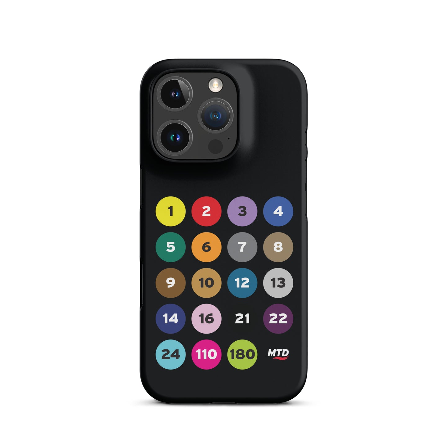 Black phone case with colorful circles and numbers representing MTD routes.