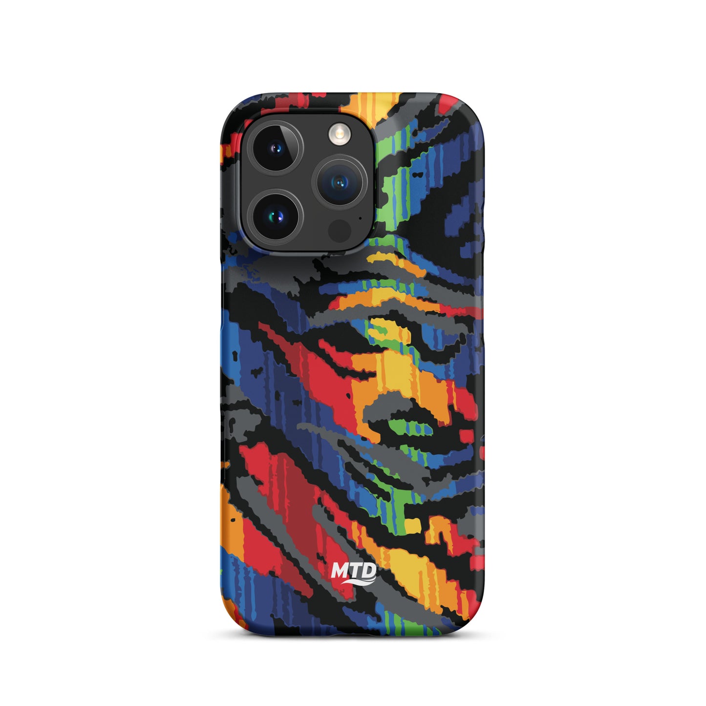 Phone case with colorful MTD bus seat pattern.