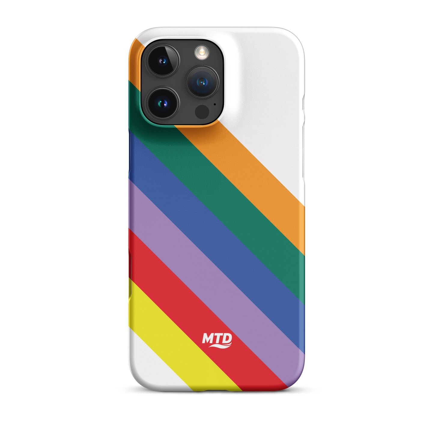 White phone case with six colored lines running diagonally in the center.