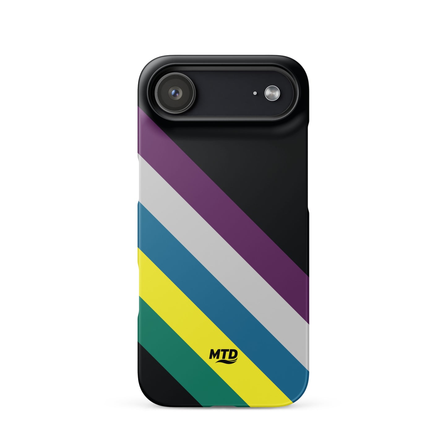 Black phone case with five colored lines running diagonally in the center.