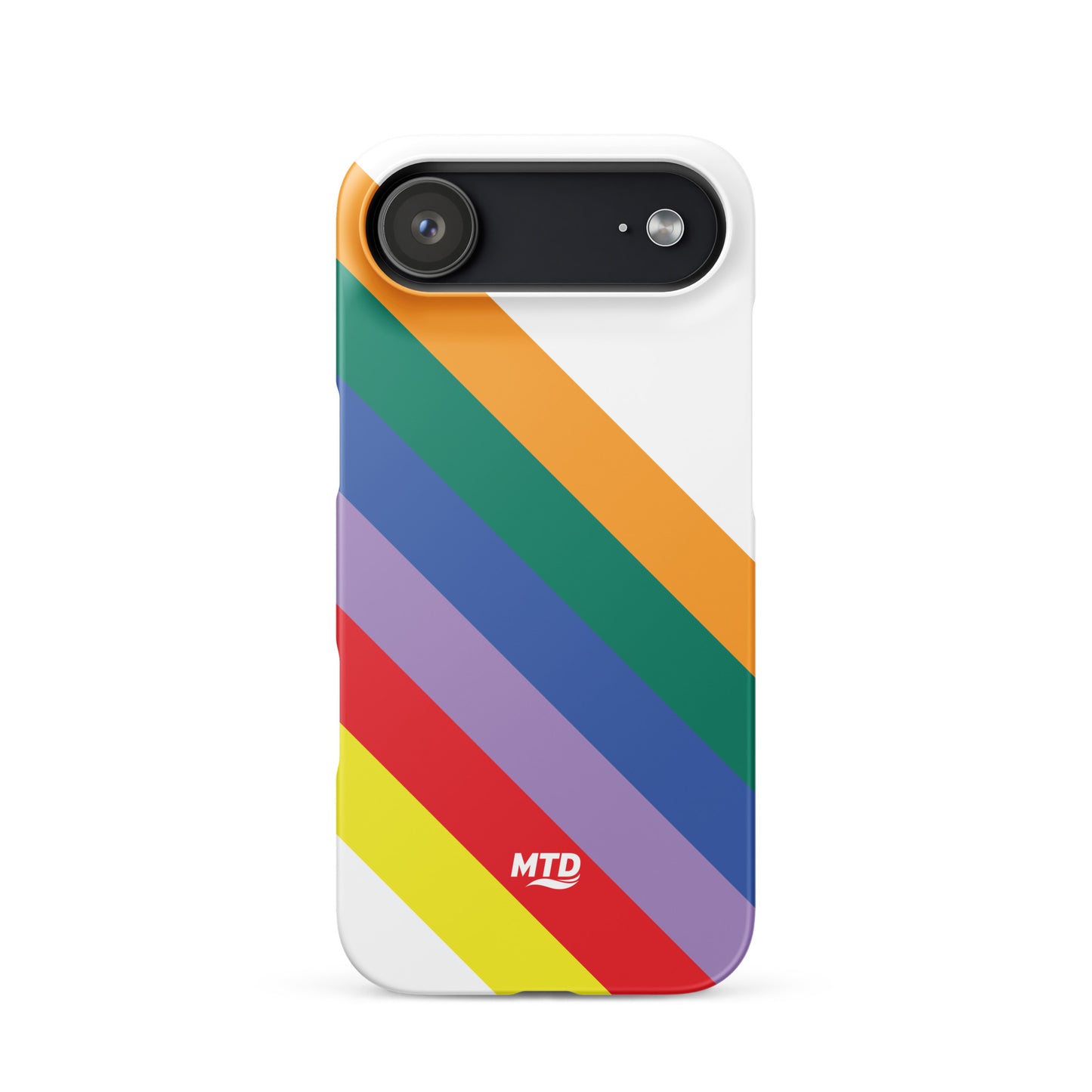 White phone case with six colored lines running diagonally in the center.