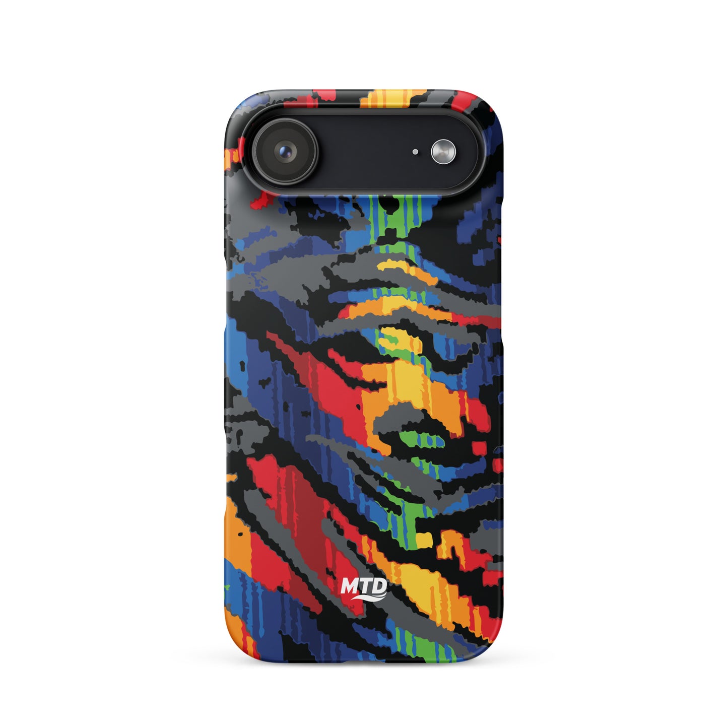 Phone case with colorful MTD bus seat pattern.