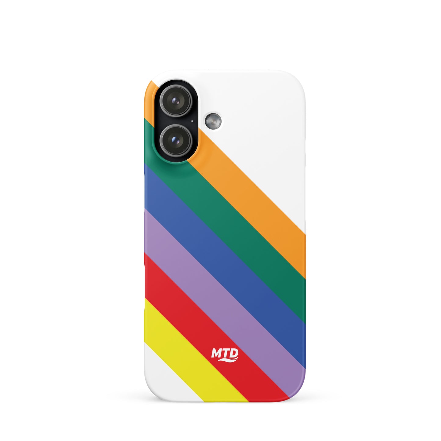 White phone case with six colored lines running diagonally in the center.