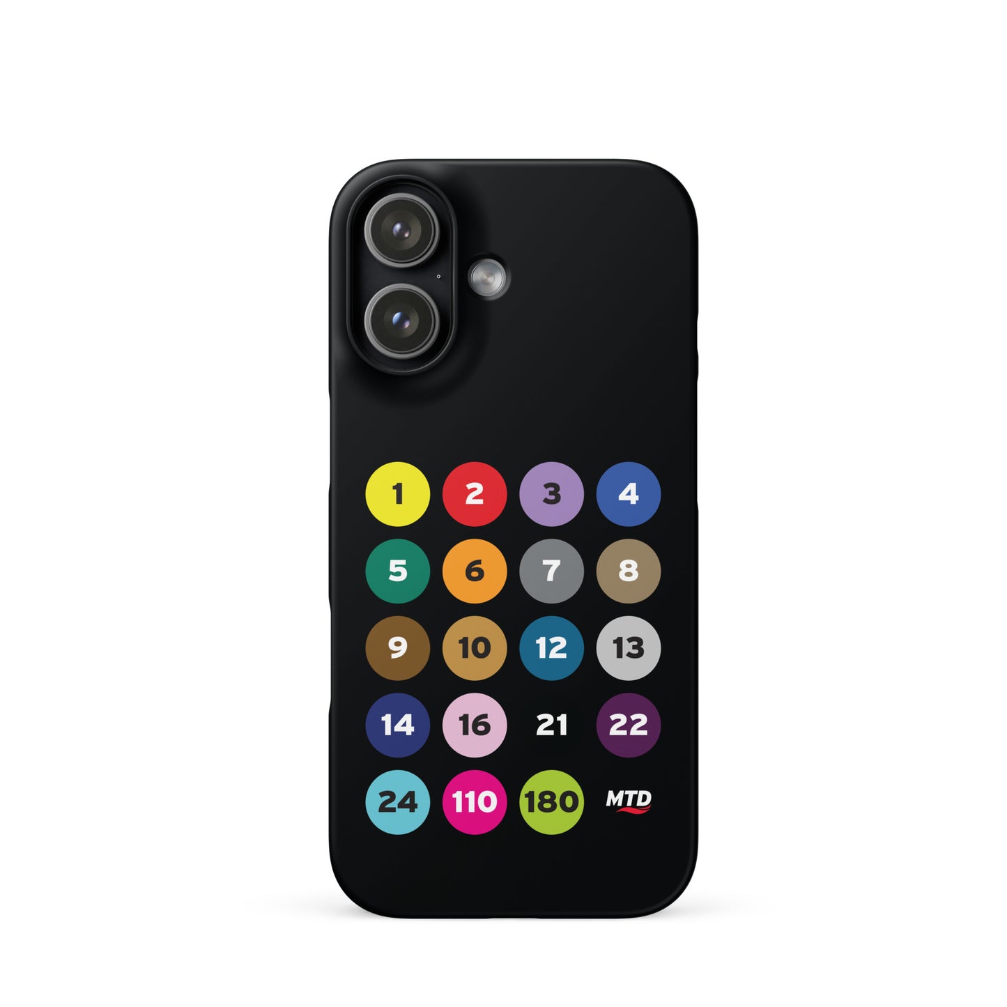 Black phone case with colorful circles and numbers representing MTD routes.