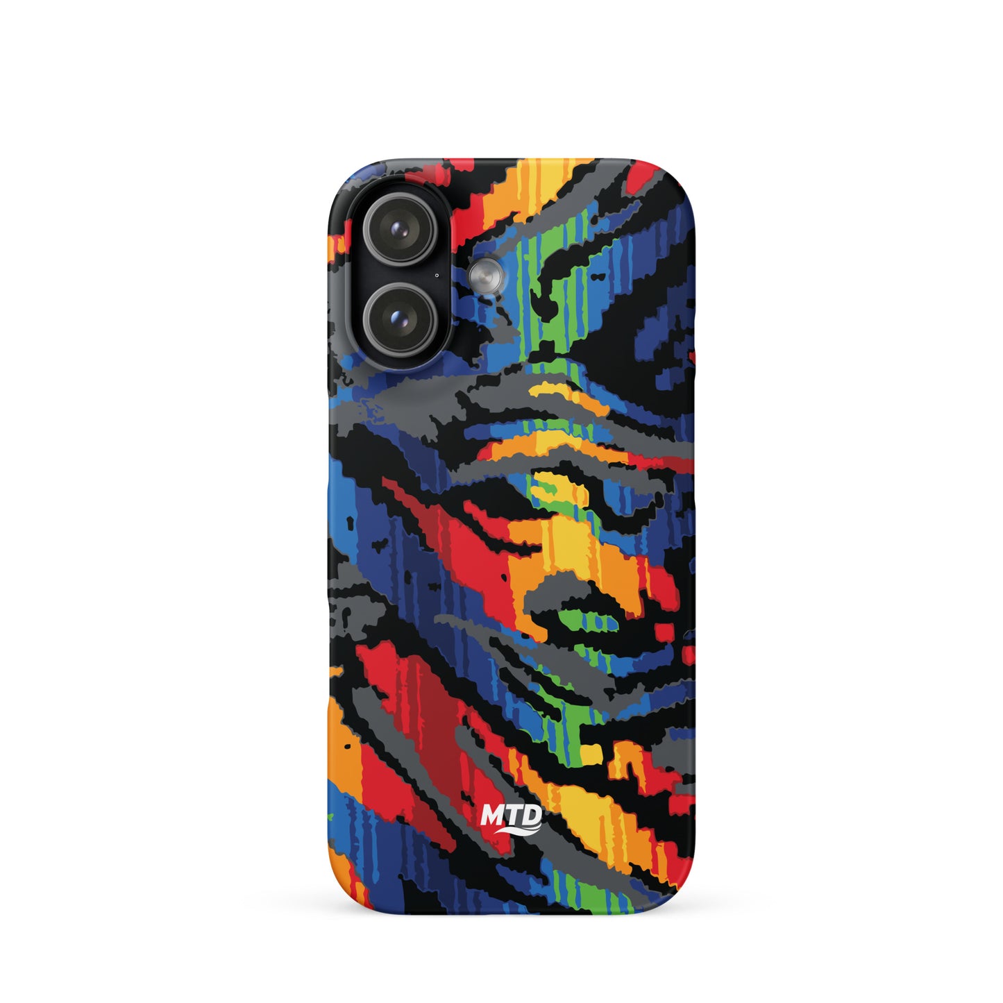Phone case with colorful MTD bus seat pattern.