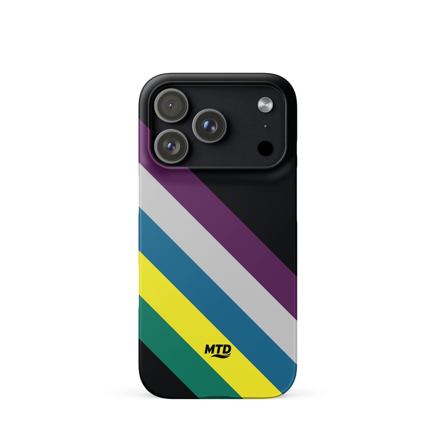 Black phone case with five colored lines running diagonally in the center.