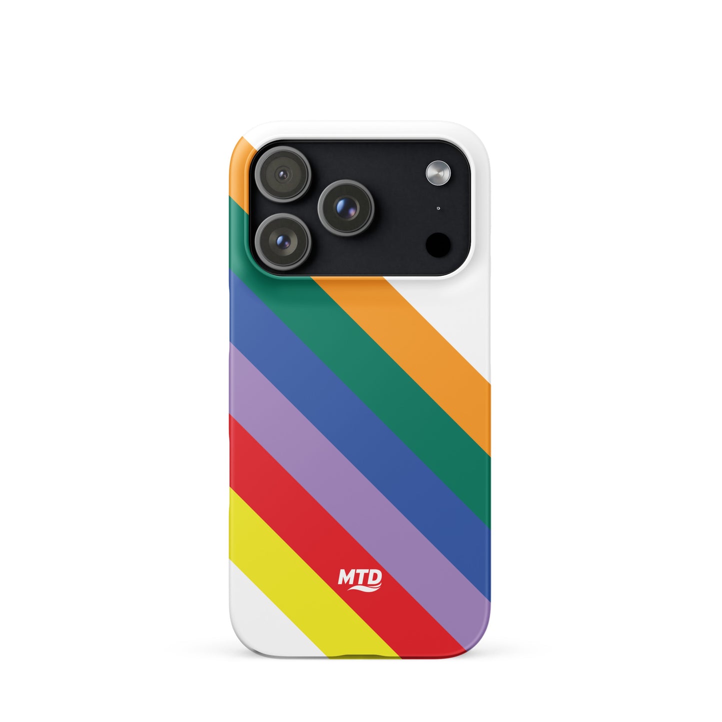 White phone case with six colored lines running diagonally in the center.