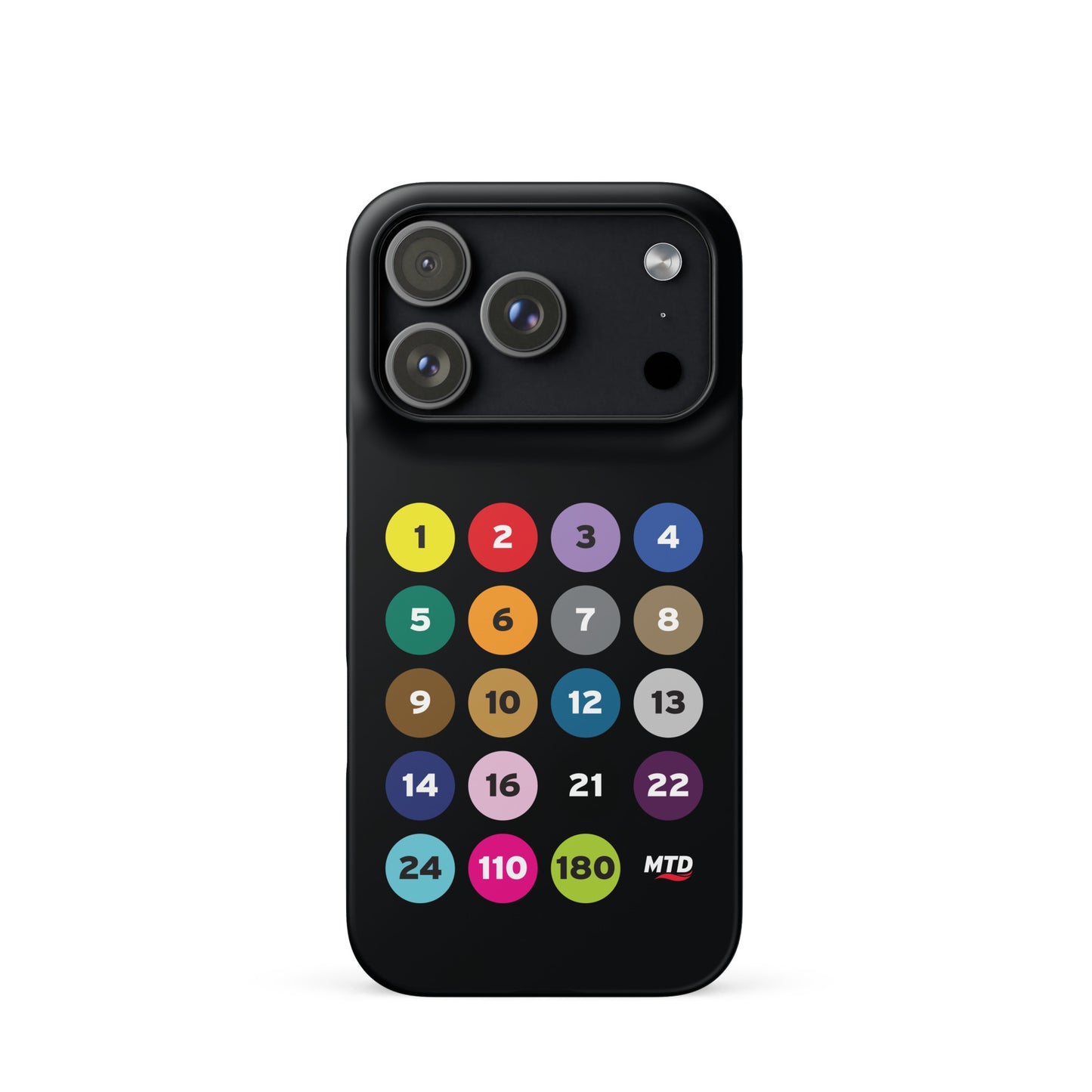 Black phone case with colorful circles and numbers representing MTD routes.
