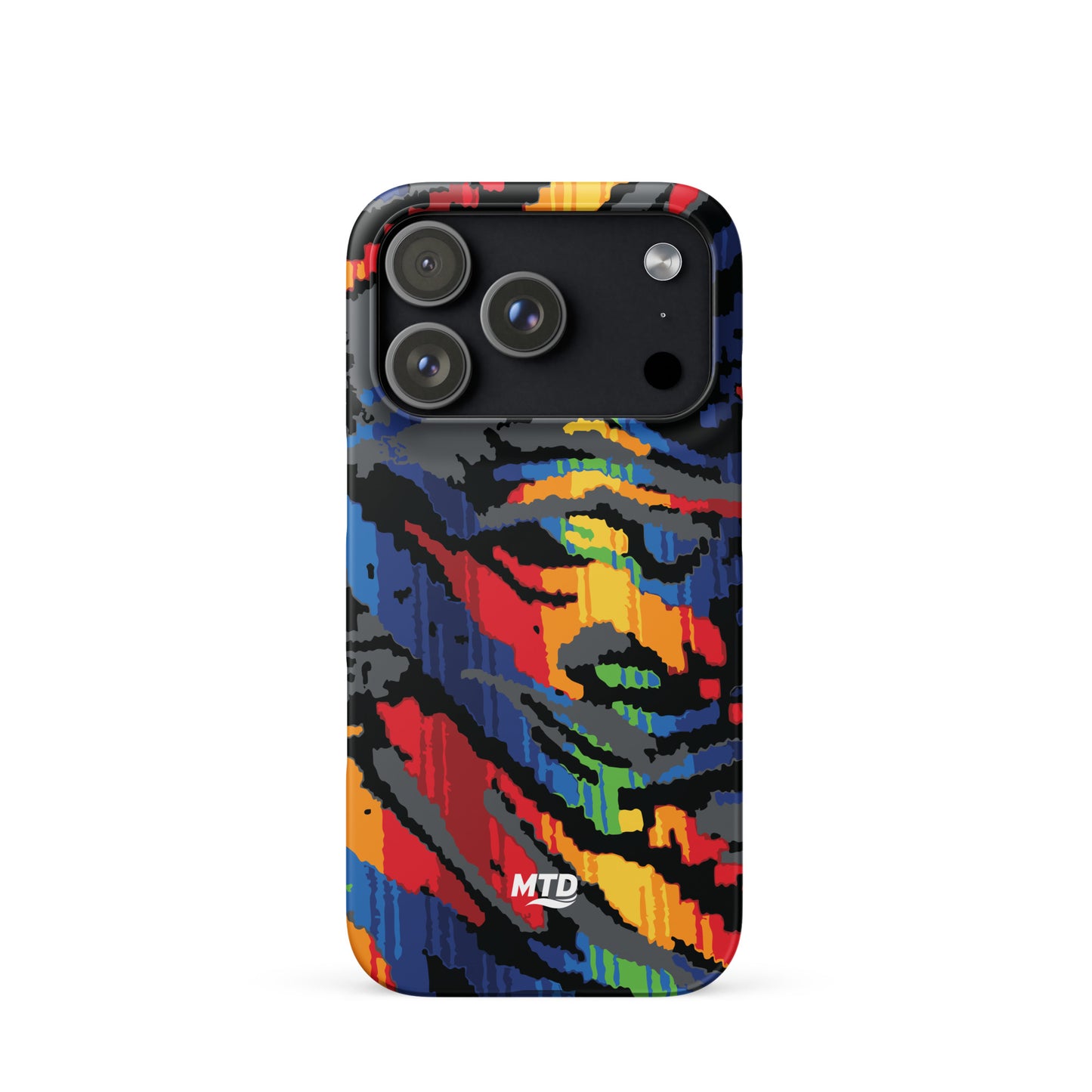 Phone case with colorful MTD bus seat pattern.