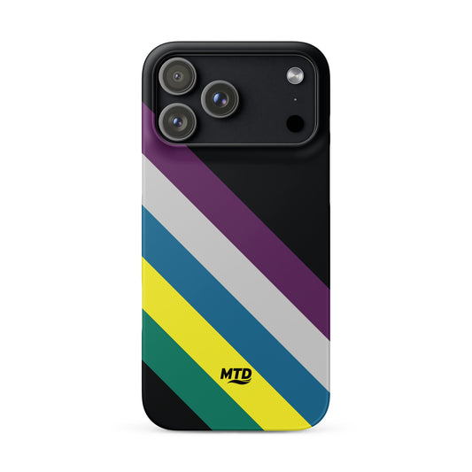 Black phone case with five colored lines running diagonally in the center.