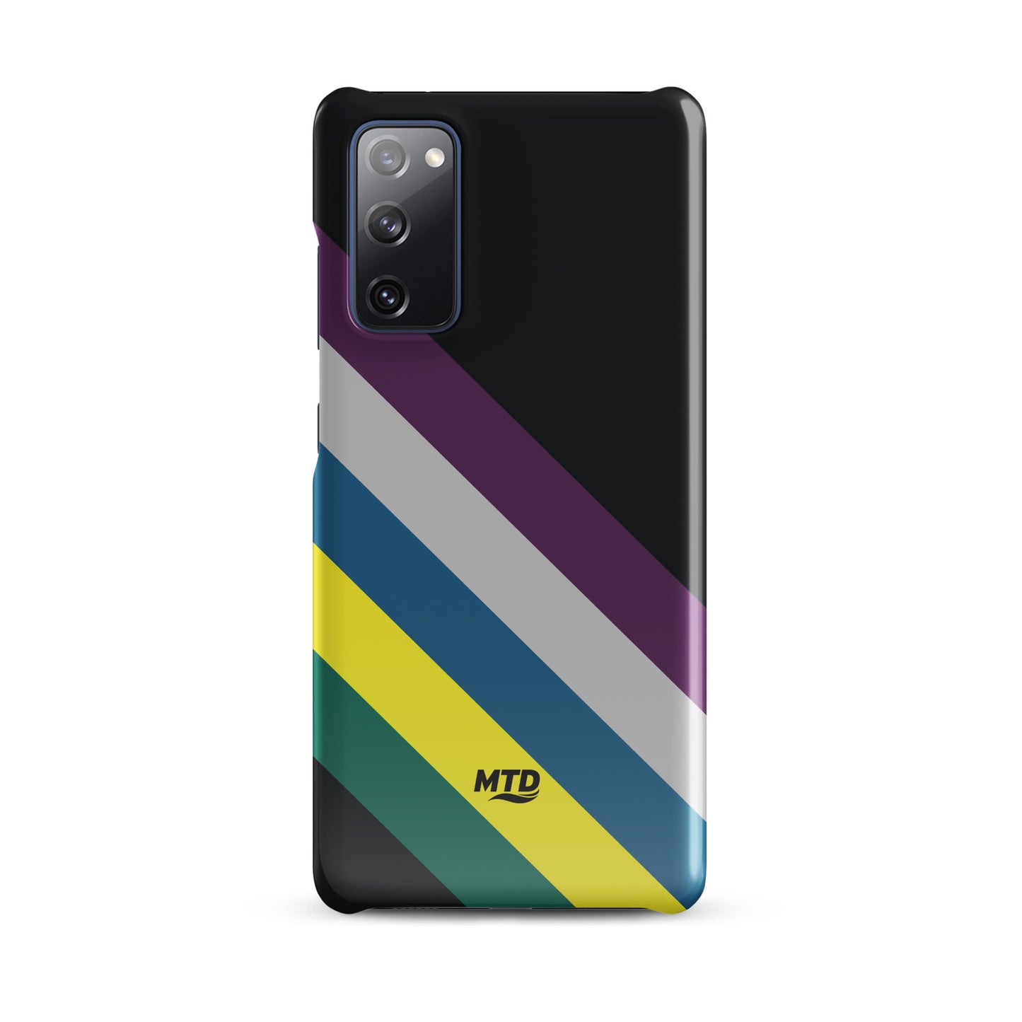 Black phone case with five colored lines running diagonally in the center.