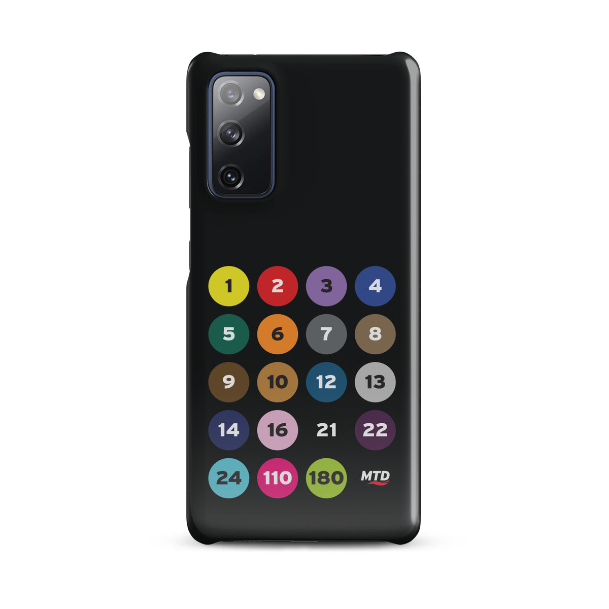 Black phone case with colorful circles and numbers representing MTD routes.