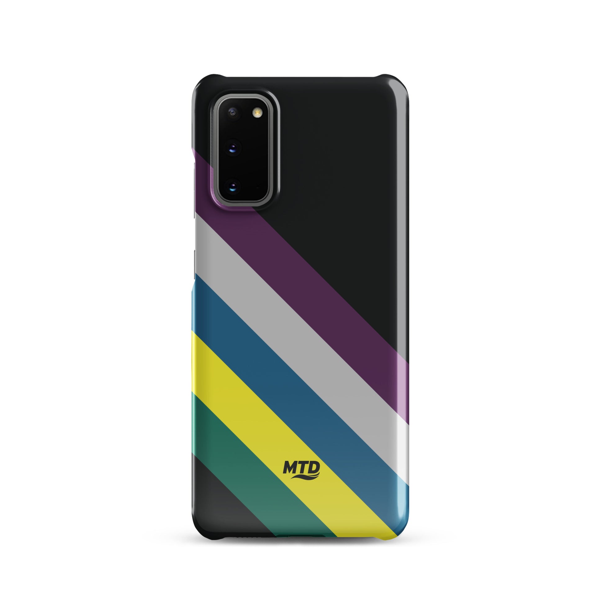 Black phone case with five colored lines running diagonally in the center.